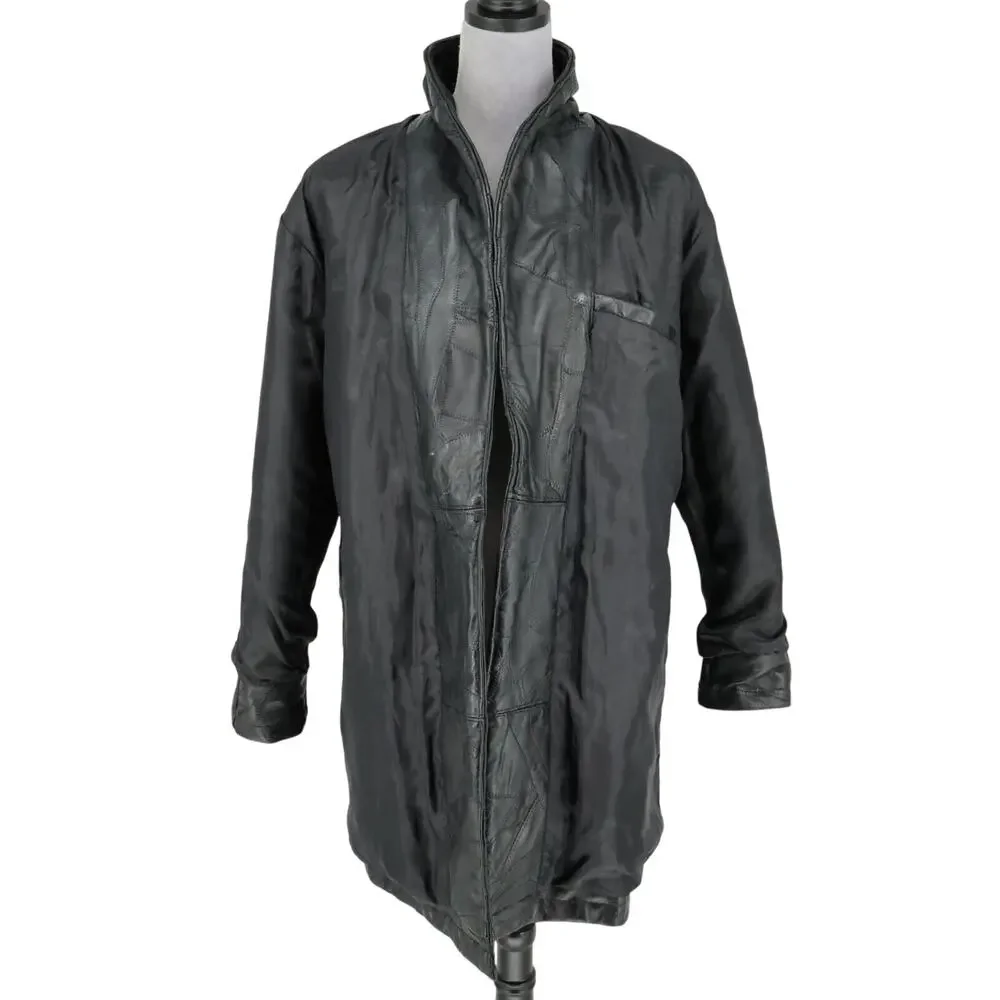 Navarre Leather Coat Jacket Womens Medium Black Lined Patchwork Look Outdoor
